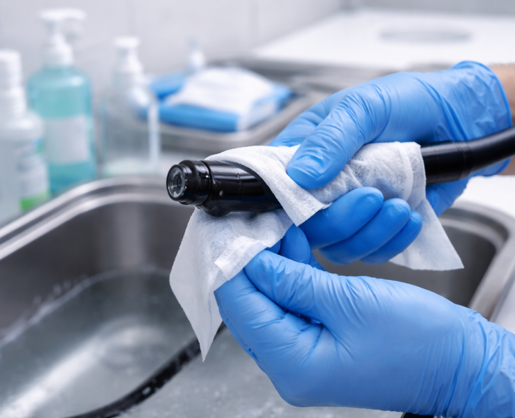 Cleaning a medical endoscope.