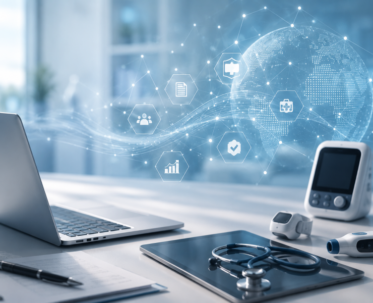 Futuristic medical tech workspace