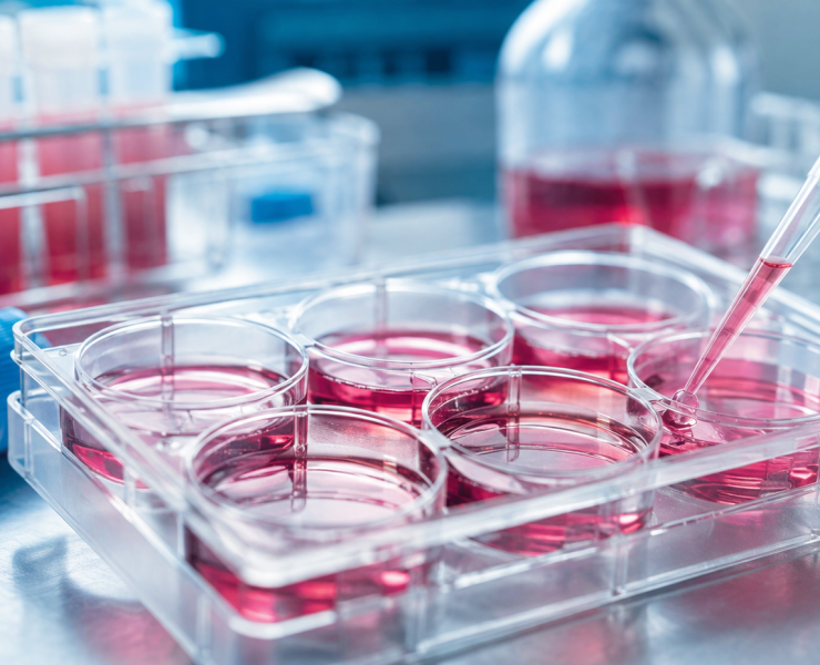 Pipetting Pink Media into Plate